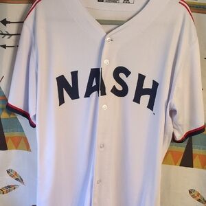 NASH Men's White Baseball Jersey with Navy Lettering